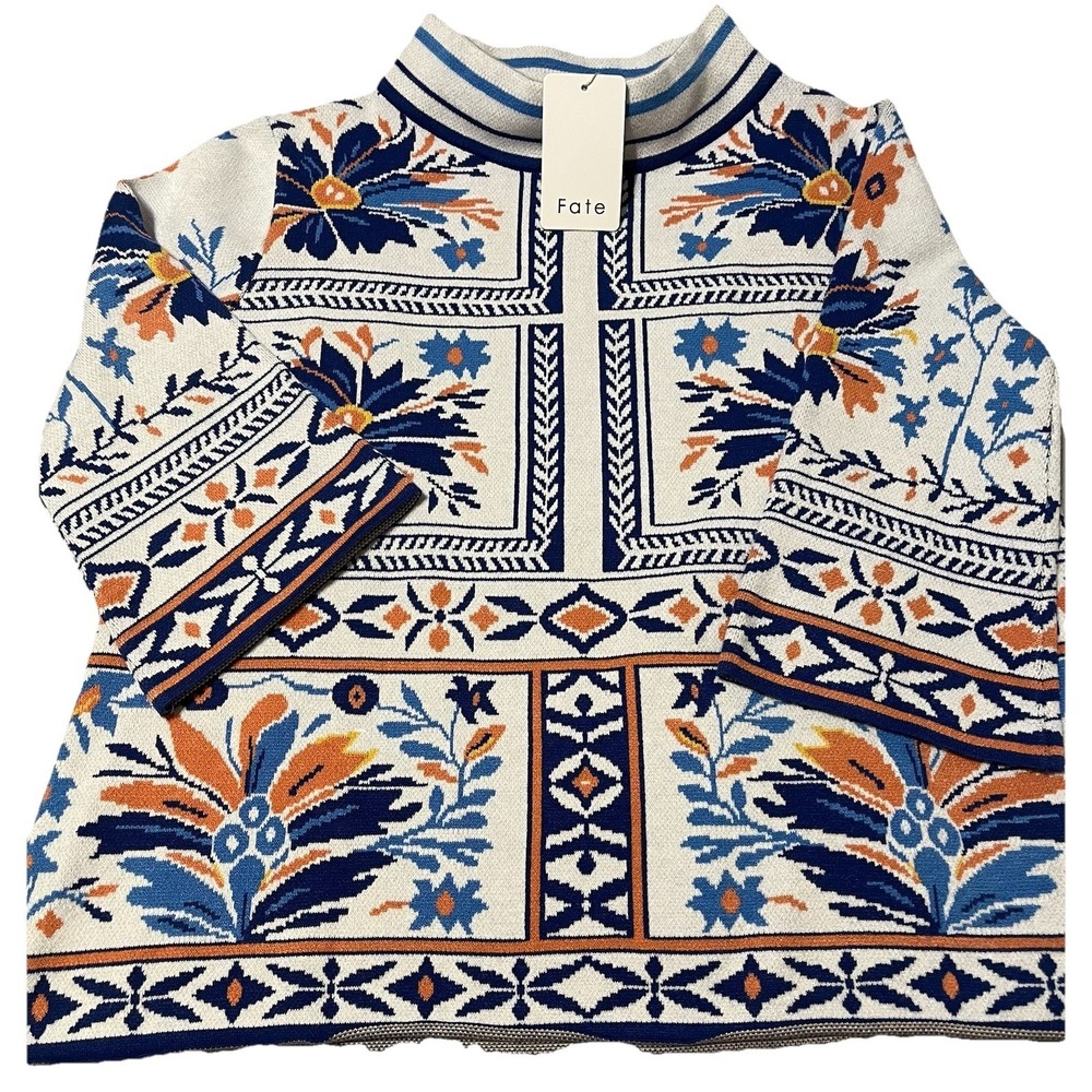 Fate High-Neck Patterned Knit Sweater Bell Sleeve Women's S Viscose Soft NWT